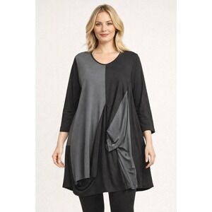 Sun Kim Colorblock Tunic Women's Sz XL Black Gray Asymmetrical Draped Top